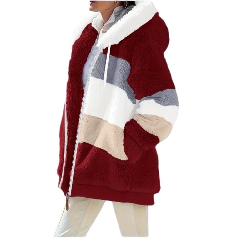 Women's Winter Plush Coat - Hooded Knee-Length Jacket with Belt-Free Waist